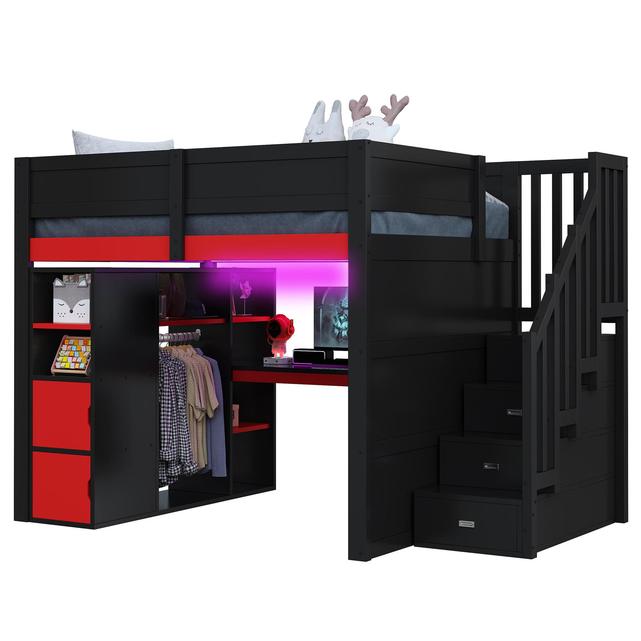 MERAX Lit combiné enfant 140x200 cm coloris noir led mdf