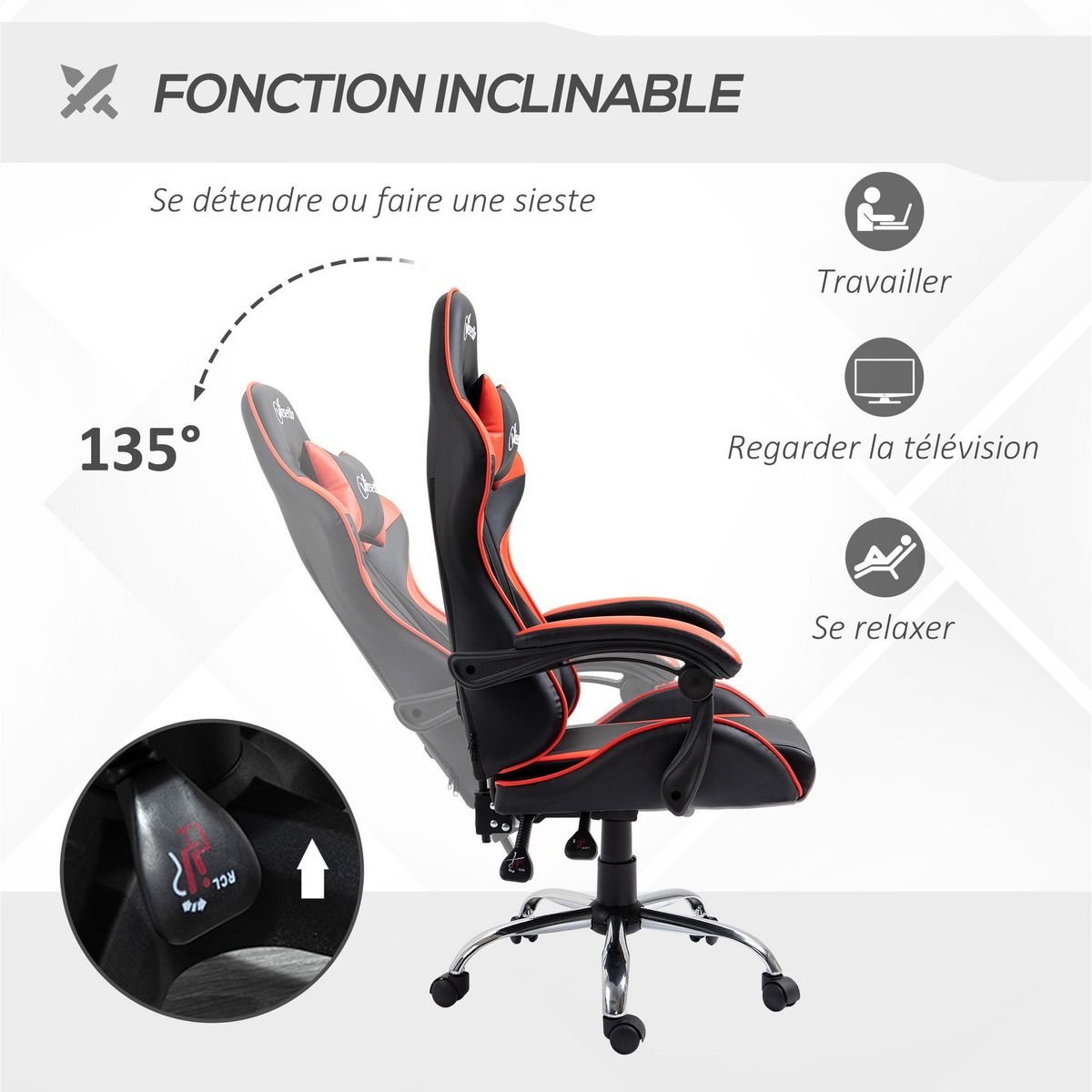 VINSETTO Fauteuil de bureau gamer style baquet racing - pivotant, inclinable - coussins tétière et lombaires inclus - revêtement PU rouge noir
