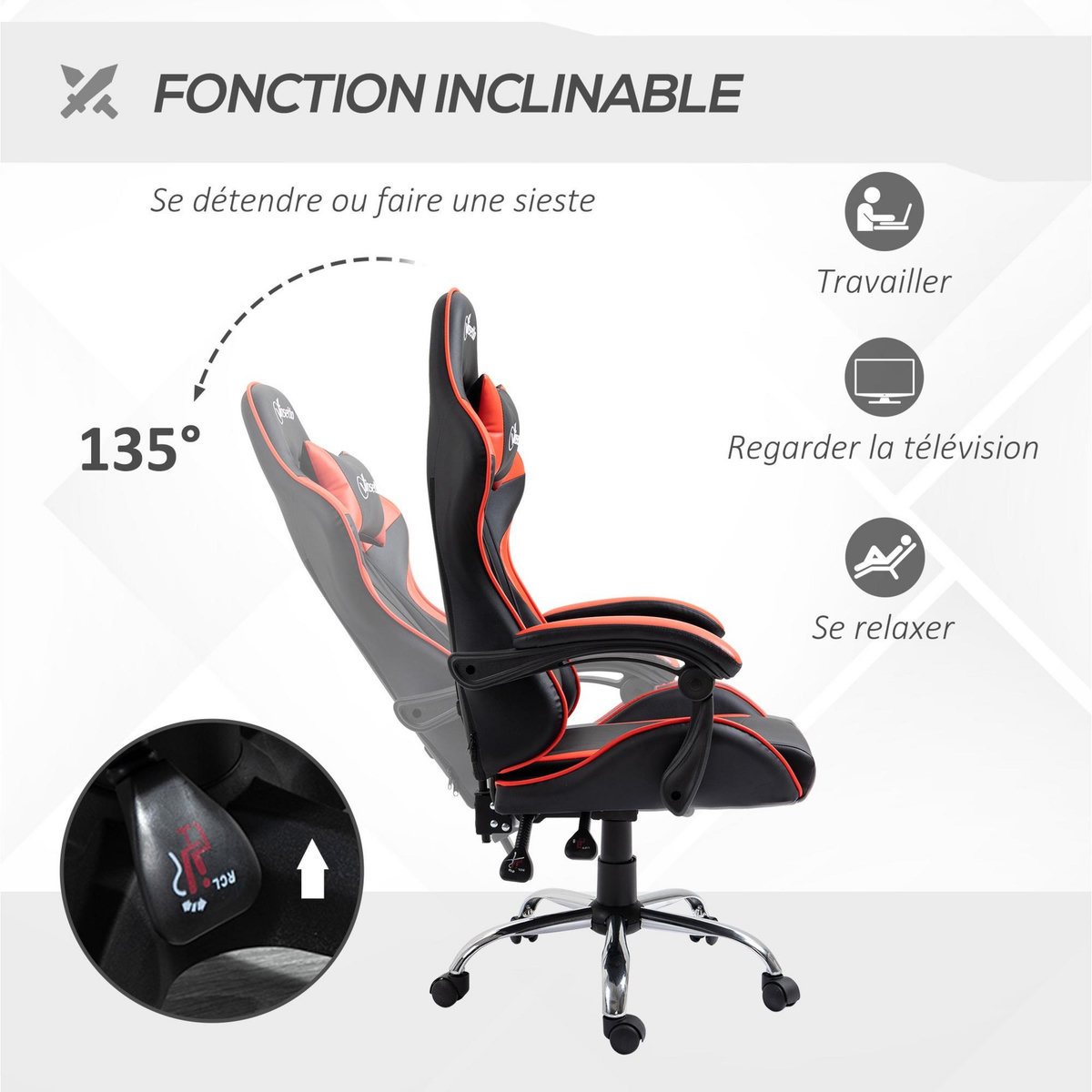 VINSETTO Fauteuil de bureau gamer style baquet racing - pivotant, inclinable - coussins tétière et lombaires inclus - revêtement PU rouge noir