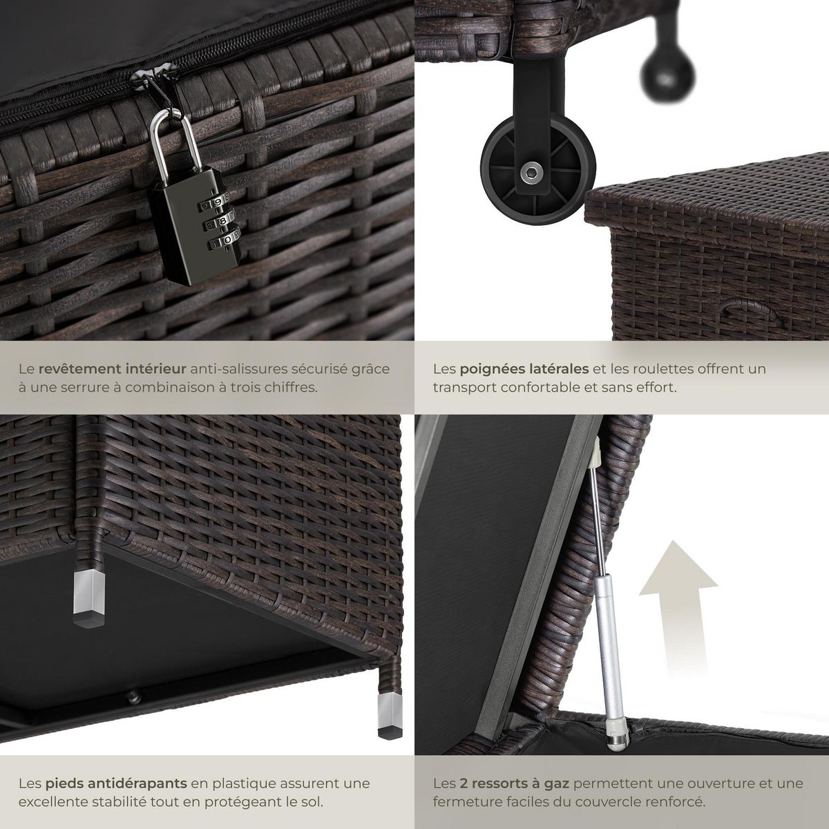 tectake Coffre de jardin pour coussins 270 l, avec tressage en rotin marron