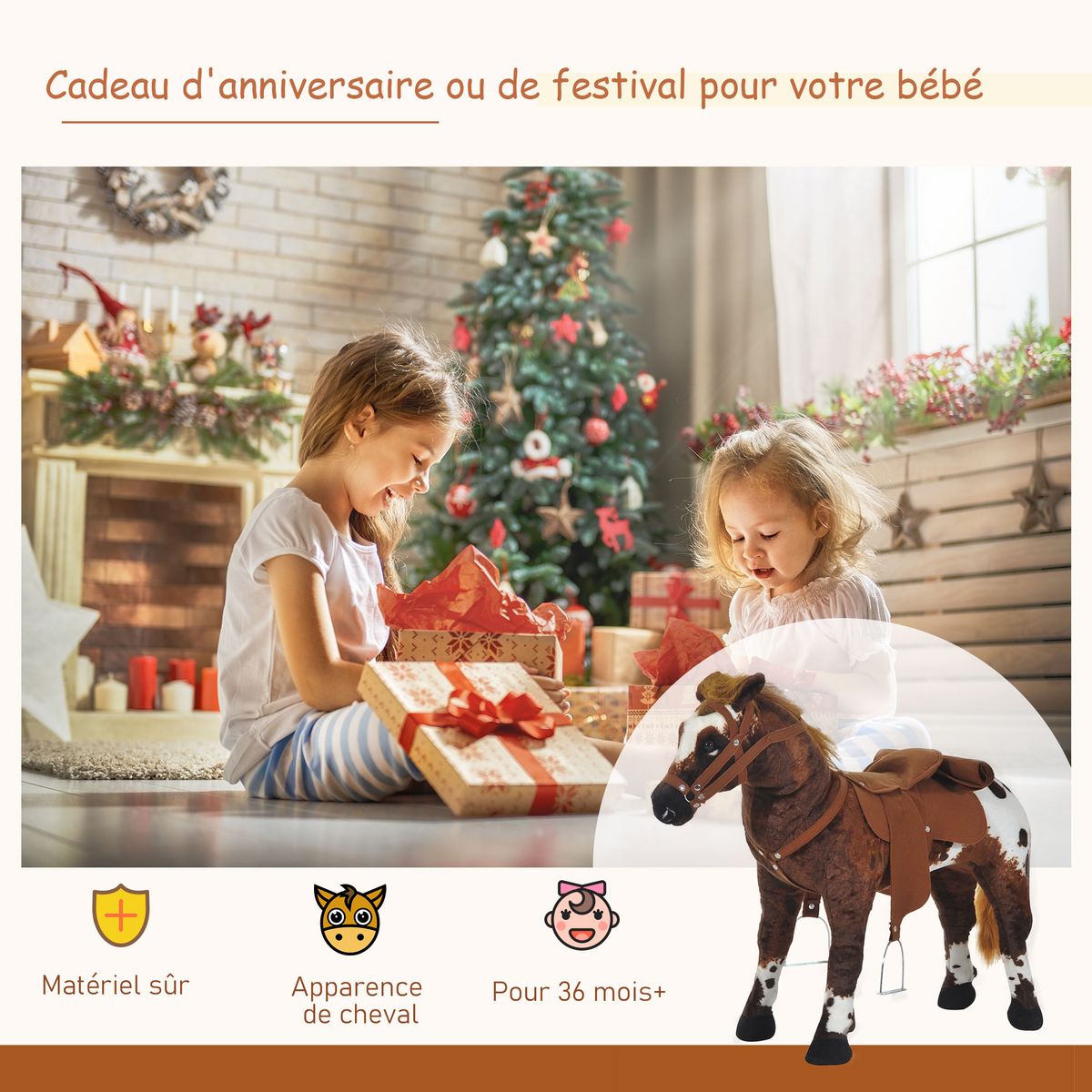 HOMCOM Cheval debout en peluche effets sonores hennissement et galop selle étrier rênes 85L x 28l x 60H marron blanc