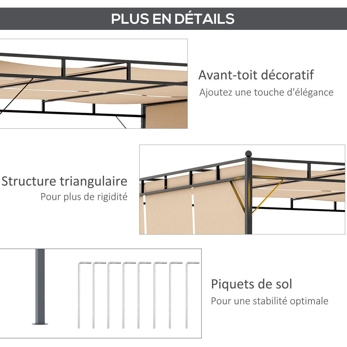 OUTSUNNY Pergola rétractable dim. 3L x 3l x 2,2H m structure acier époxy anticorrosion noir triple toile polyester haute densité beige