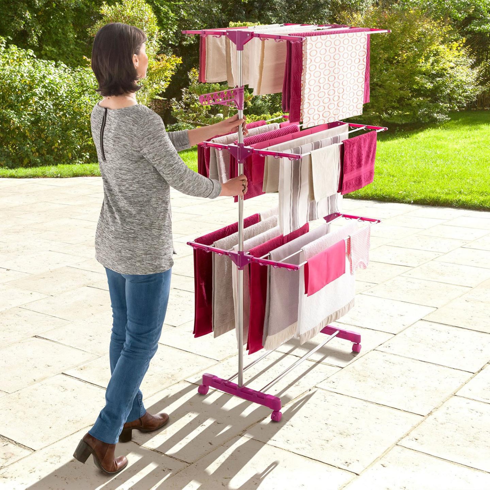 Voir la diapositive 4 : ID MARKET Séchoir à linge vertical pliable 3 niveaux maxima capacité 20m inox et rose