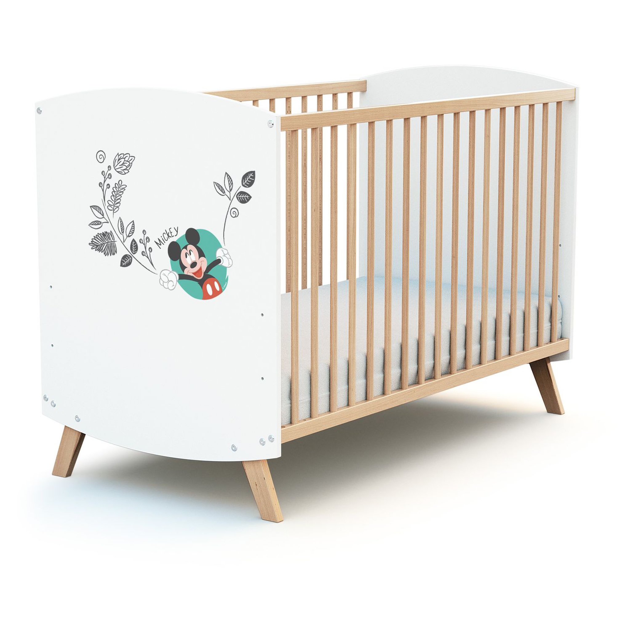Voir la diapositive 1 : AT4 Lit bébé 60x120 cm MICKEY DISNEY Blanc et Hêtre Verni