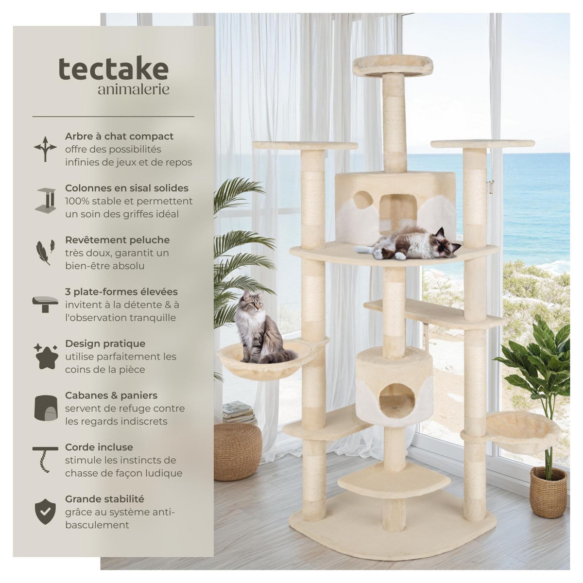 tectake Arbre à chat 204 cm avec griffoir et plateforme d'escalade beige/blanc