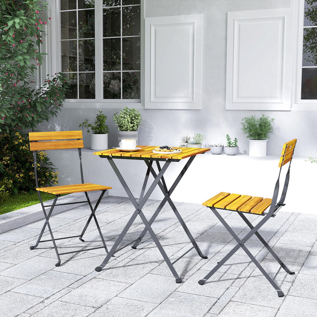 OUTSUNNY Ensemble bistrot de jardin 3 pièces pliables style exotique acier noir lattes bois acacia verni