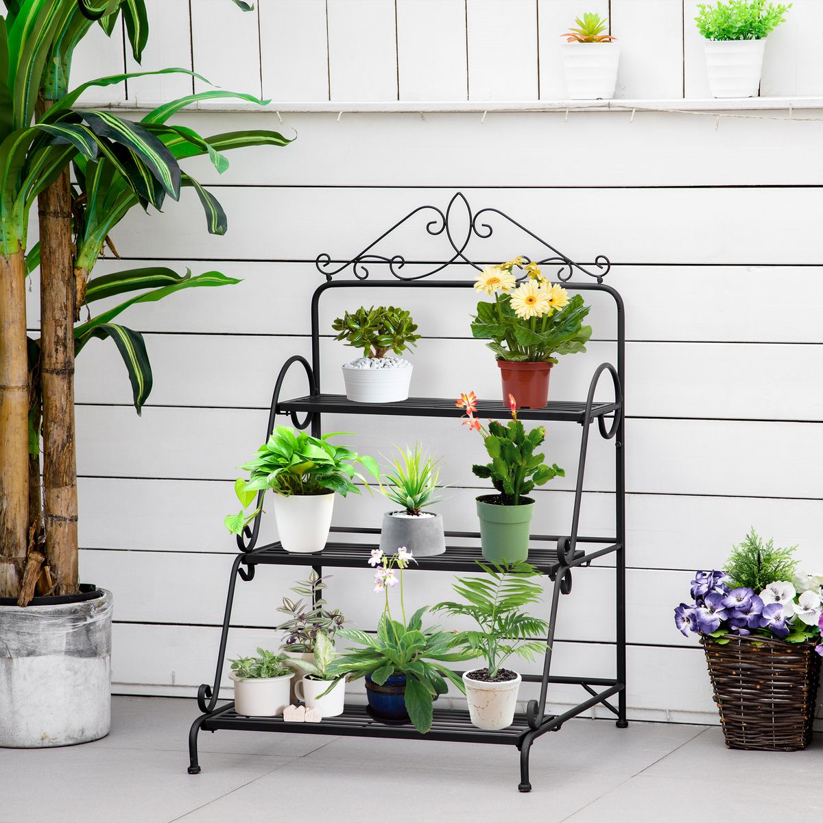 OUTSUNNY Support pour plantes présentoir avec étagères en métal 3 niveaux forme escalier intérieur/extérieur dim. 60,5L x 59,5l x 95,5H cm noir
