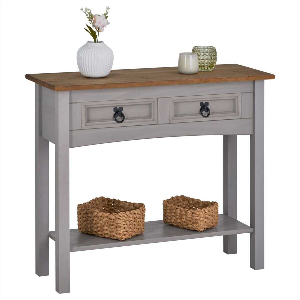 IDIMEX Table console RAMON table d'appoint rectangulaire en pin massif gris et brun avec 2 tiroirs, meuble d'entrée style mexicain en bois