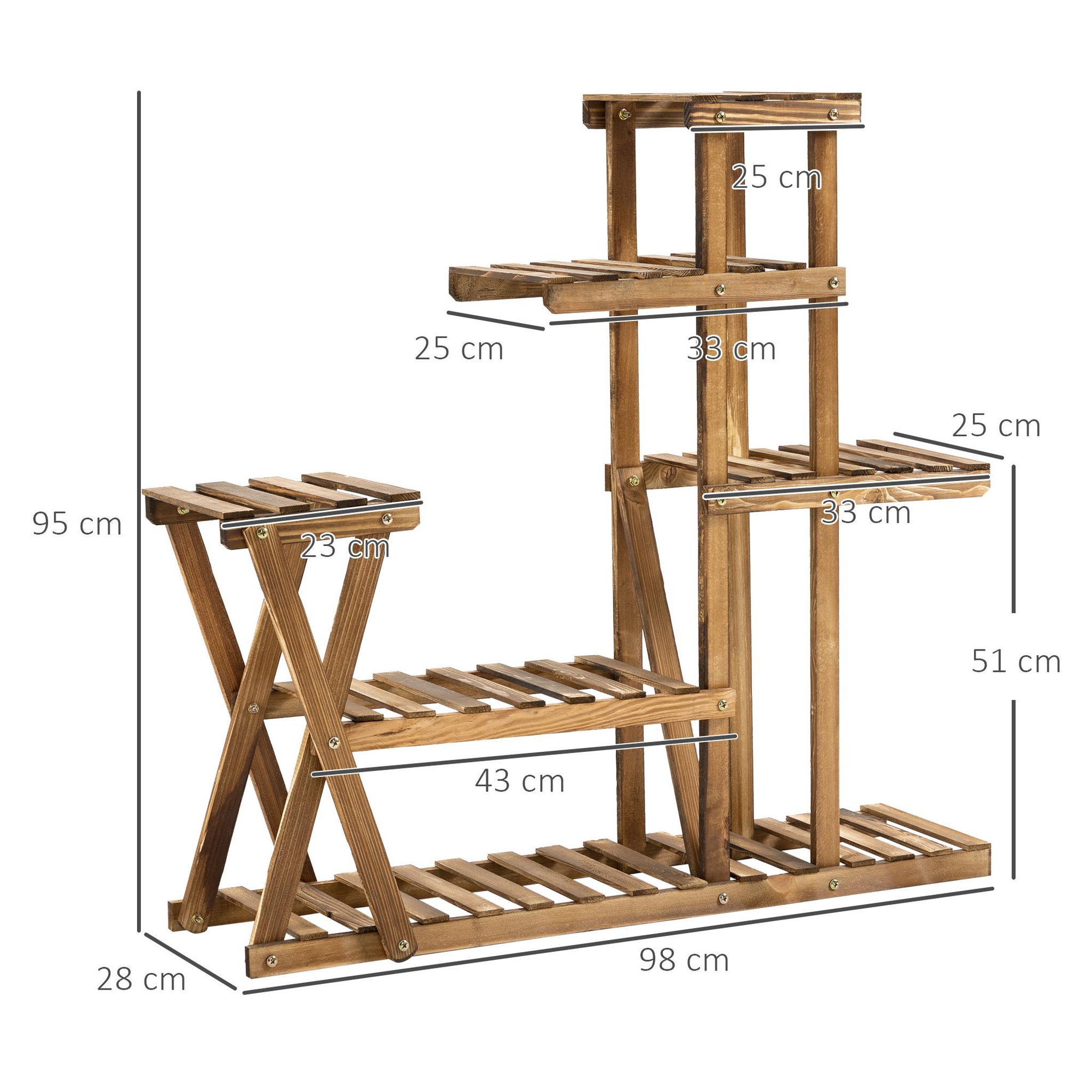 Voir la diapositive 3 : OUTSUNNY Étagère à fleurs en bois - porte plante bois 6 tablettes - dim. 98L x 28l x 95H cm - bois de sapin traité carbonisation