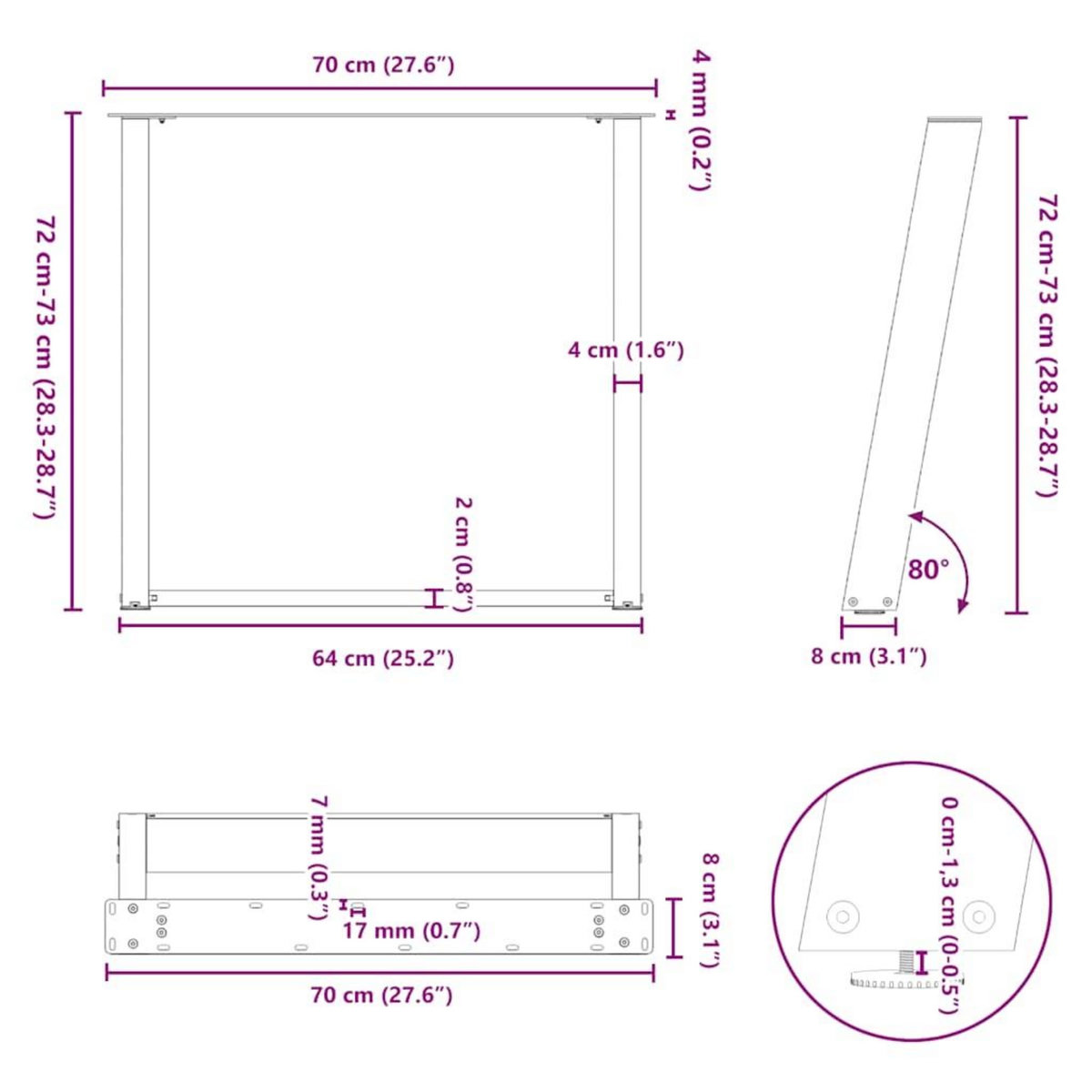 VIDAXL Pieds de table a manger forme de U 2 pcs 70x(72-73) cm acier