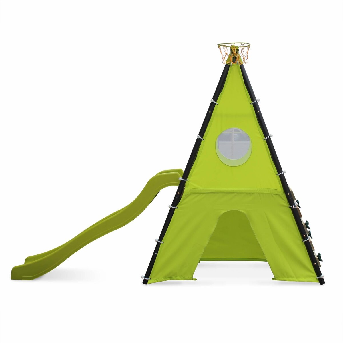 SWEEEK Balançoire 5 agrès - Portique avec 2 balançoires. 1 face à face. 1 toboggan. 1 panier de basket. 1 mur d'escalade et 1 tente