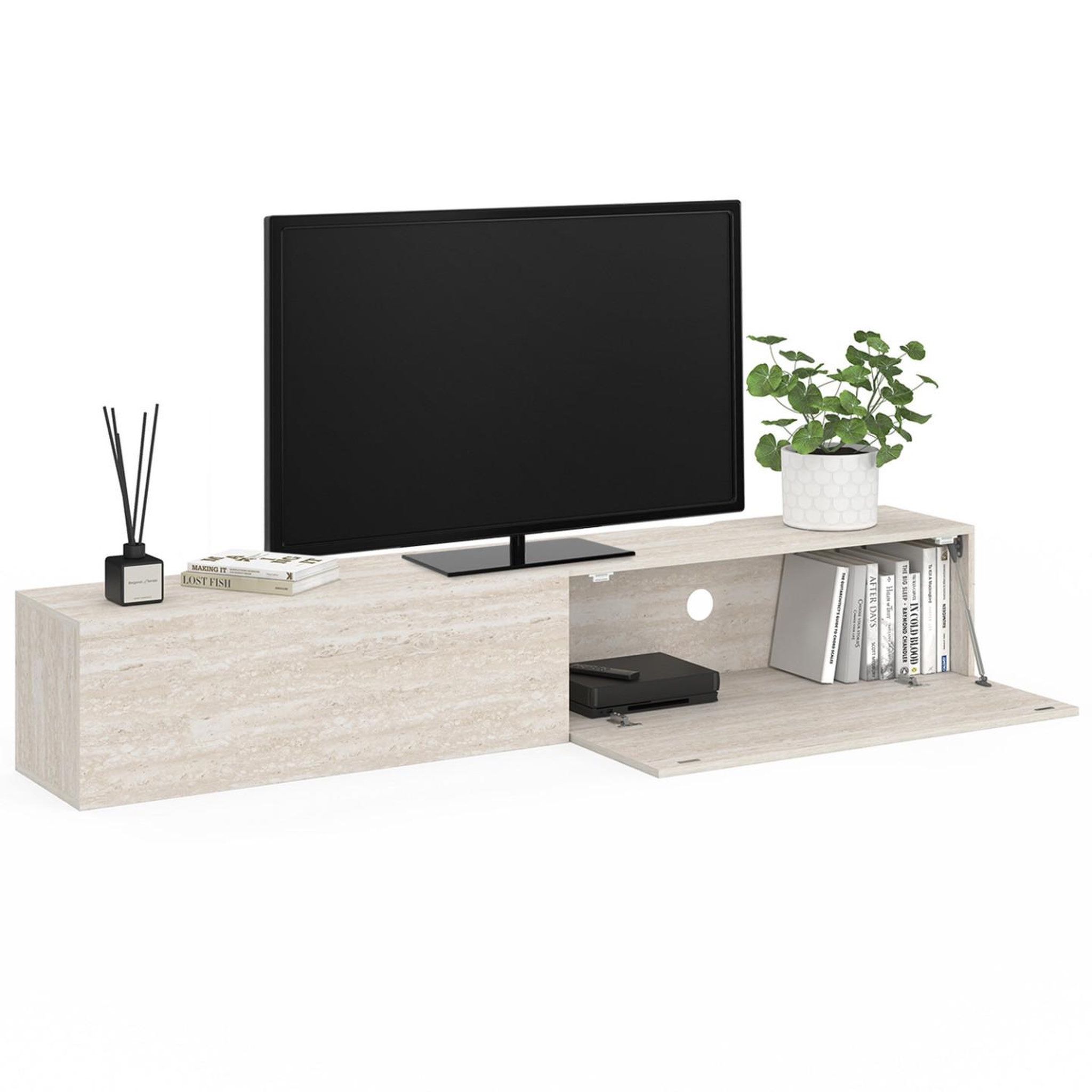 Voir la diapositive 4 : ID MARKET Meuble tv 180 cm suspendu elio 2 portes bois effet travertin