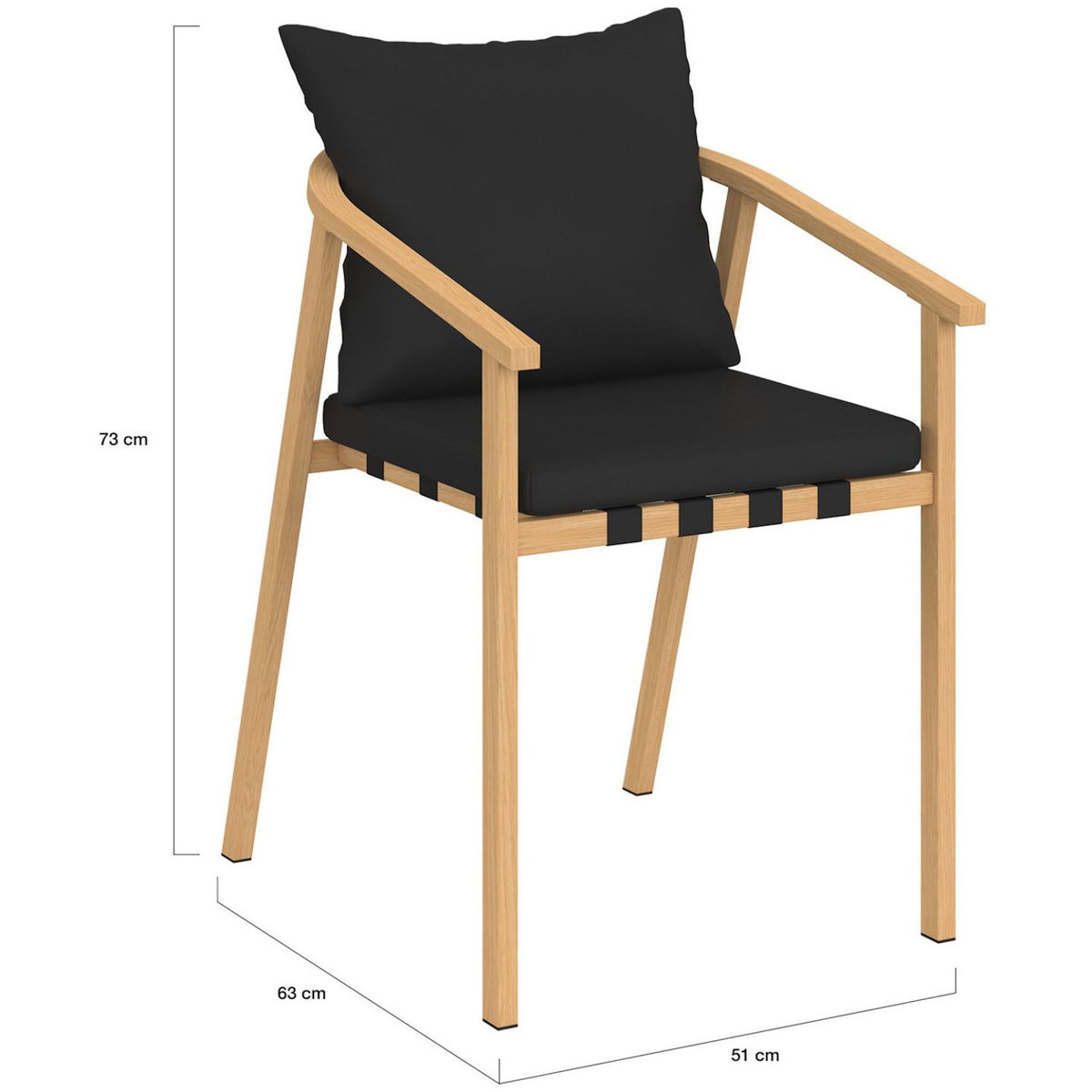 ID MARKET Lot de 4 chaises de jardin MALTA structure en métal effet bois, lanières et coussins noirs