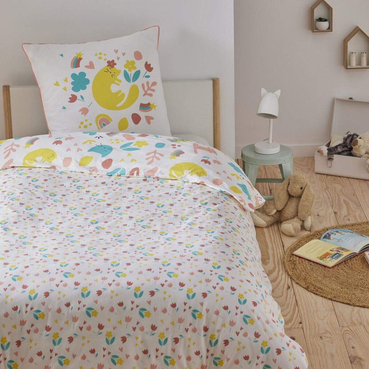 FUTURE HOME Parure de lit enfant chat réversible fleurie 140x200cm