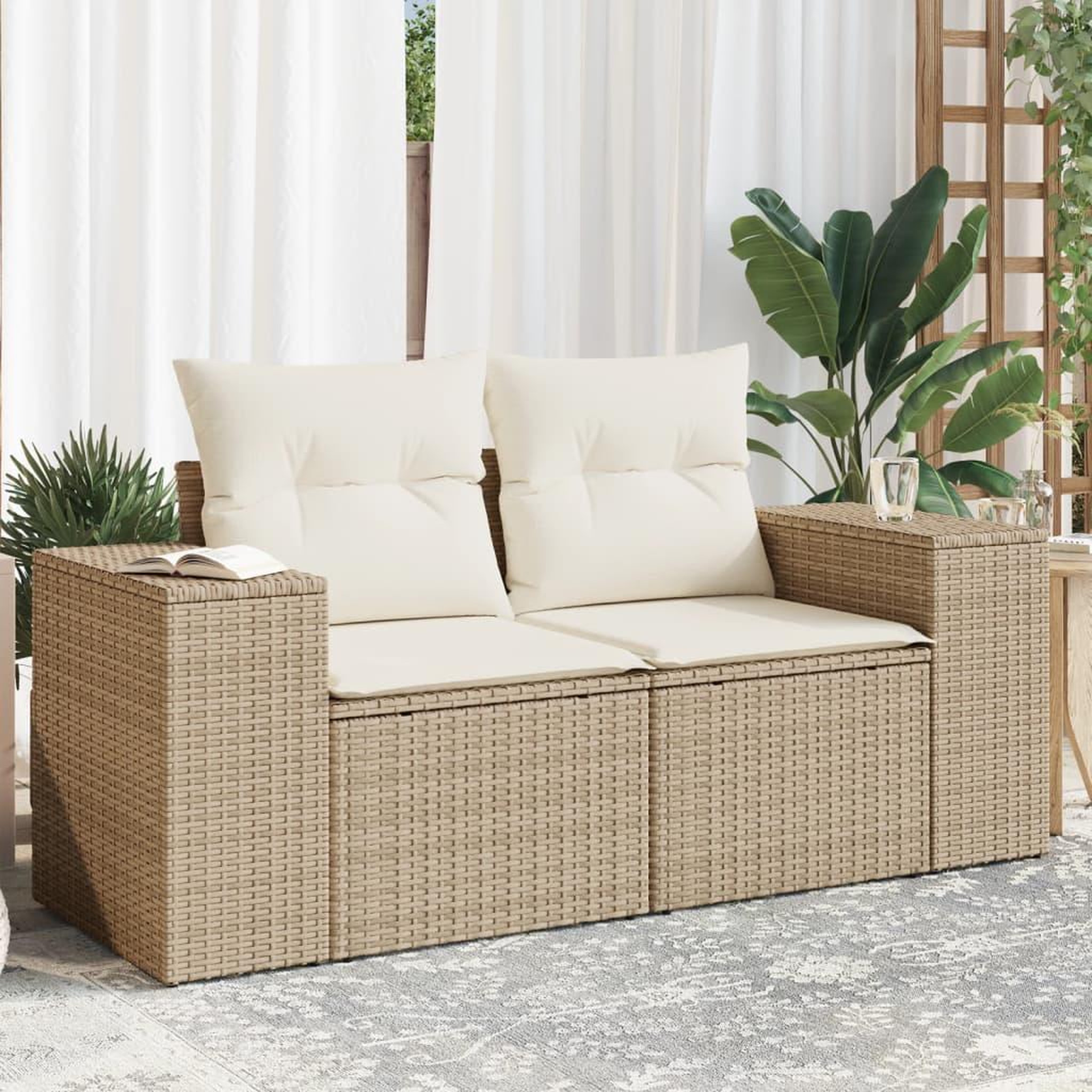 VIDAXL Canape de jardin avec coussins 2 places beige resine tressee