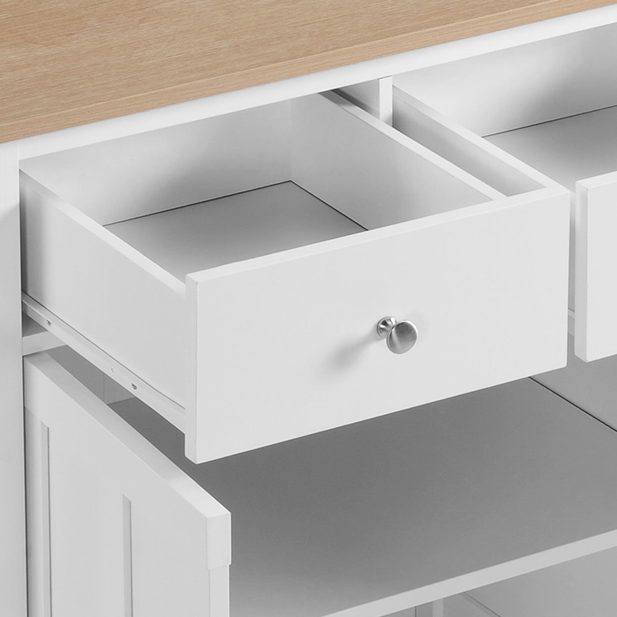 Voir la diapositive 5 : HOMCOM Buffet multi-rangement 2 portes avec étagère 2 tiroirs coulissants panneaux particules blanc aspect bois clair