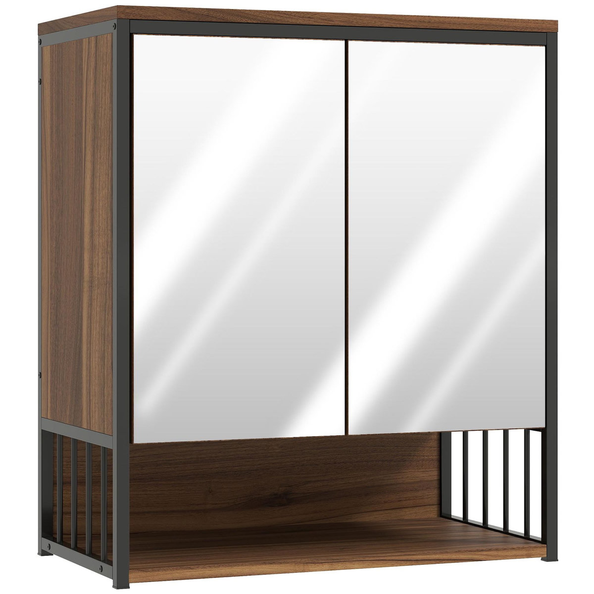 HOMCOM Armoire miroir murale salle de bain 2 portes design - étagère, niche - métal noir effet bois noyer