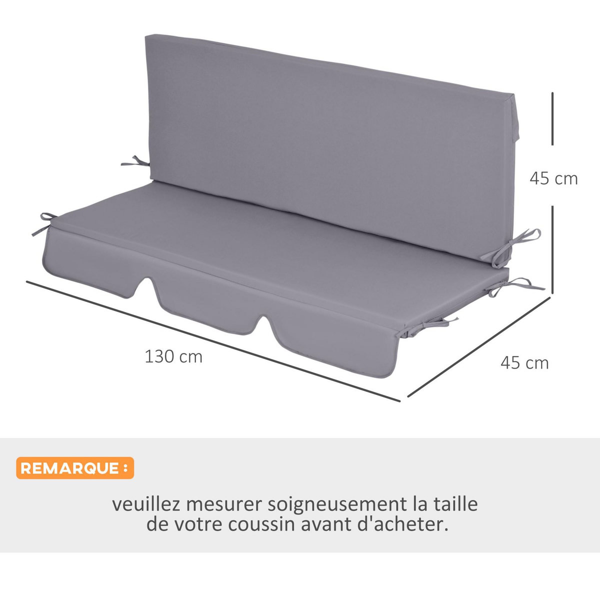 OUTSUNNY Coussins pour balancelle de jardin 3 places - coussins pour balancelle assise et dossier - gris