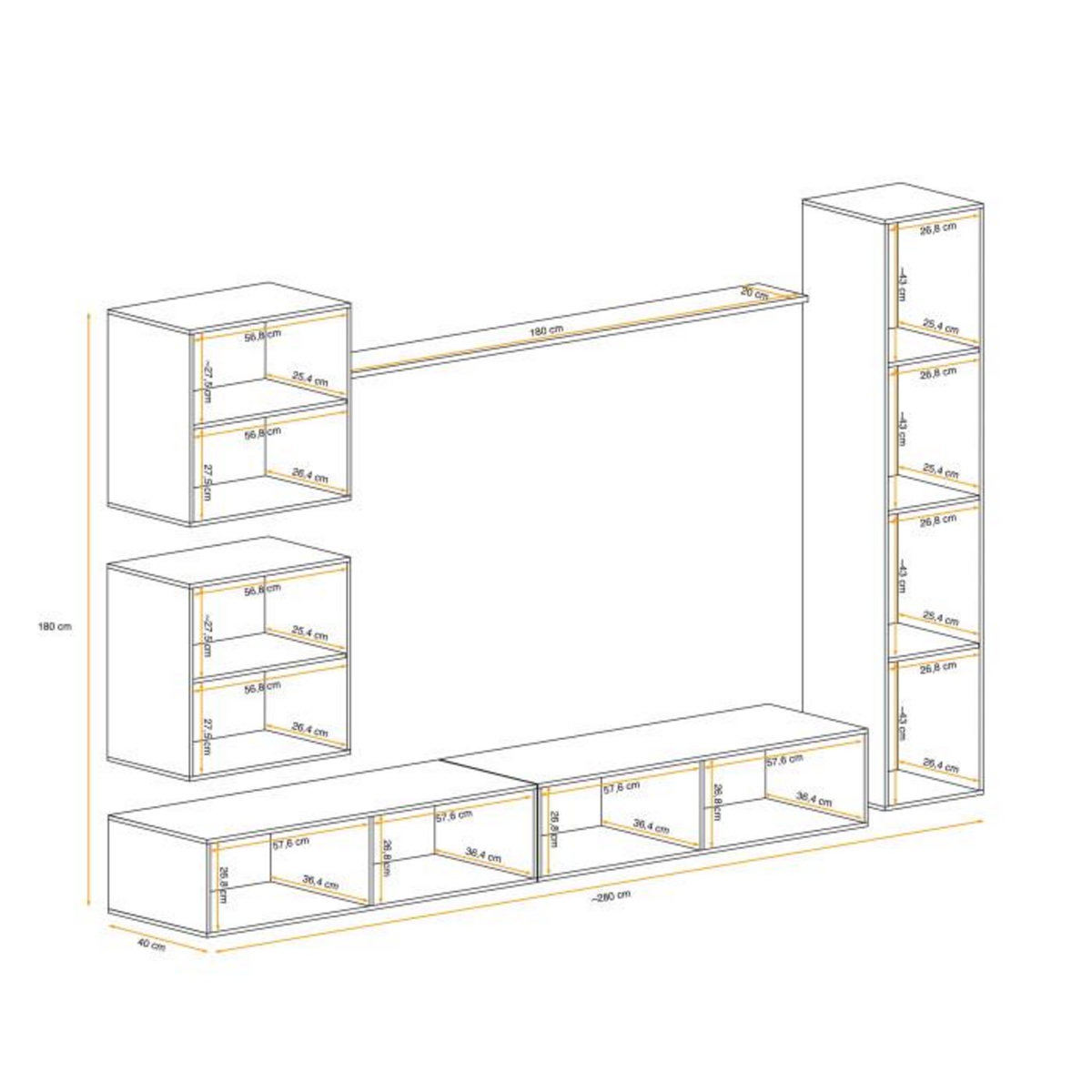Paris Prix Meuble TV Mural Design  Switch VIII  280cm Blanc & Naturel