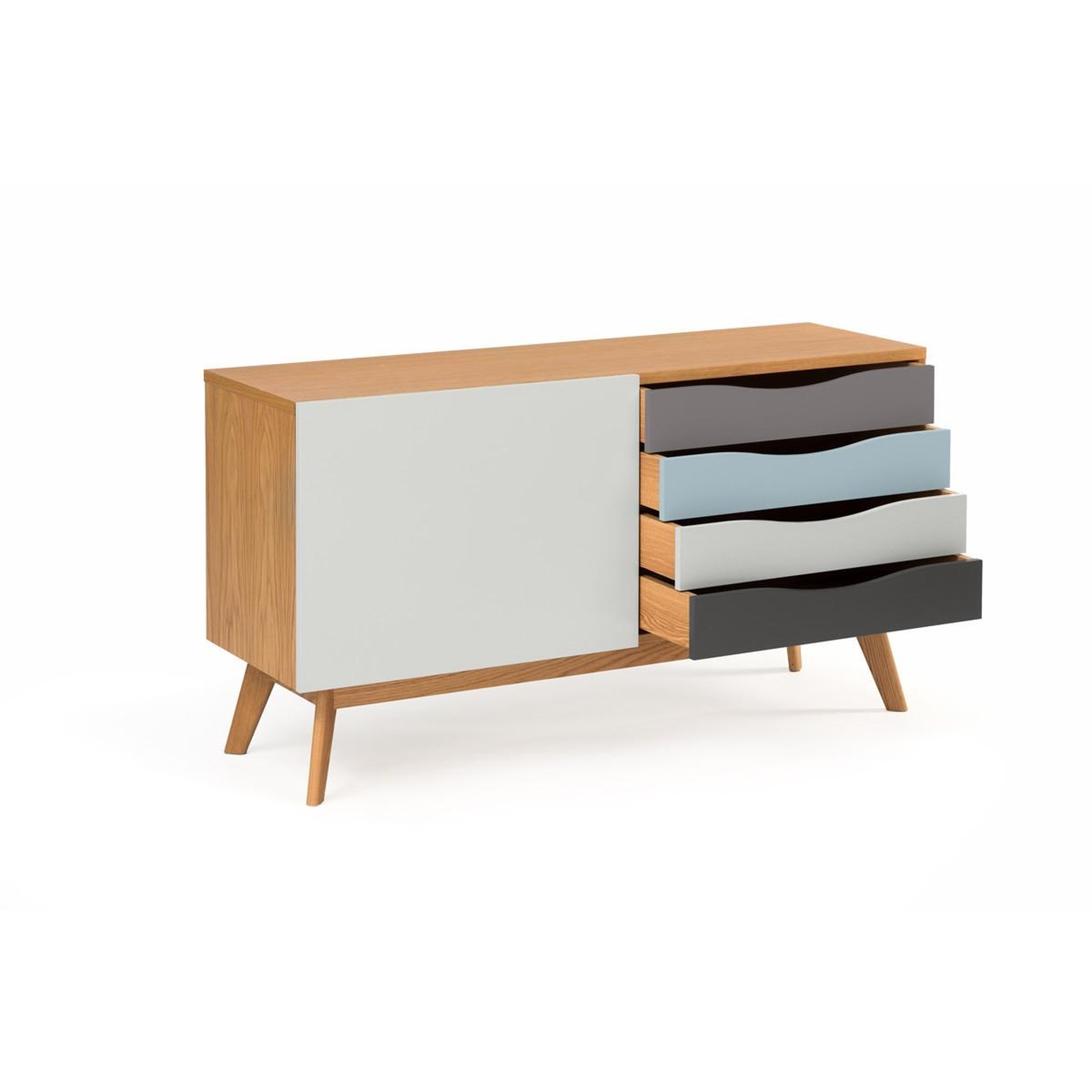 Voir la diapositive 2 : Paris Prix Buffet 4 tiroirs & 1 porte  avon  128cm chêne & bleu