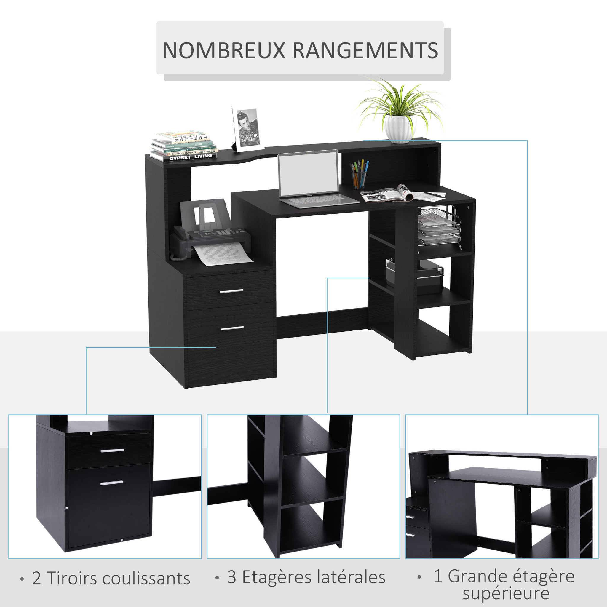 Voir la diapositive 4 : HOMCOM Bureau Informatique multimédia Design Multi-rangements 137 L x 55 l x 92 H cm noir