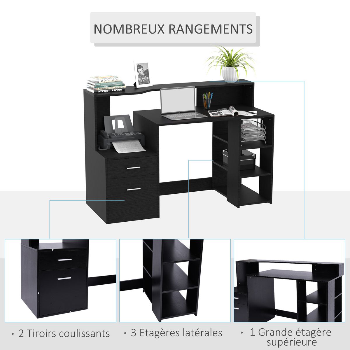 HOMCOM Bureau Informatique multimédia Design Multi-rangements 137 L x 55 l x 92 H cm noir