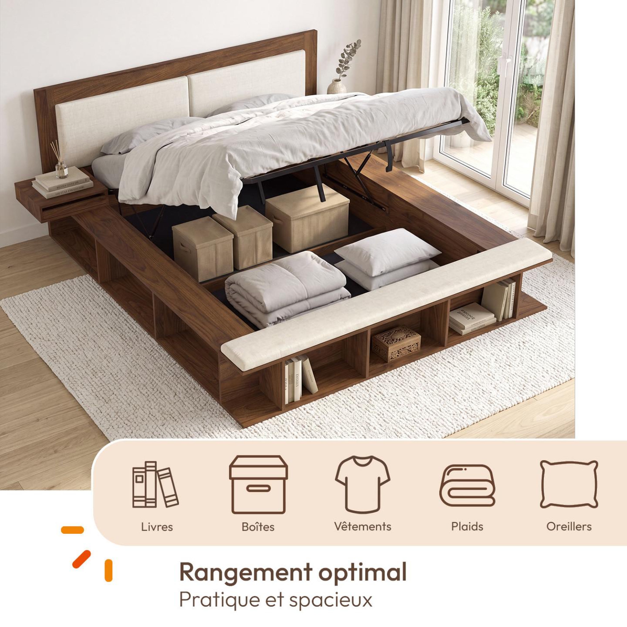 Voir la diapositive 6 : ID MARKET Lit coffre double KIRO tête de lit matelassée, tables de chevet et sommier 140 x 190 cm effet noyer et tissu beige