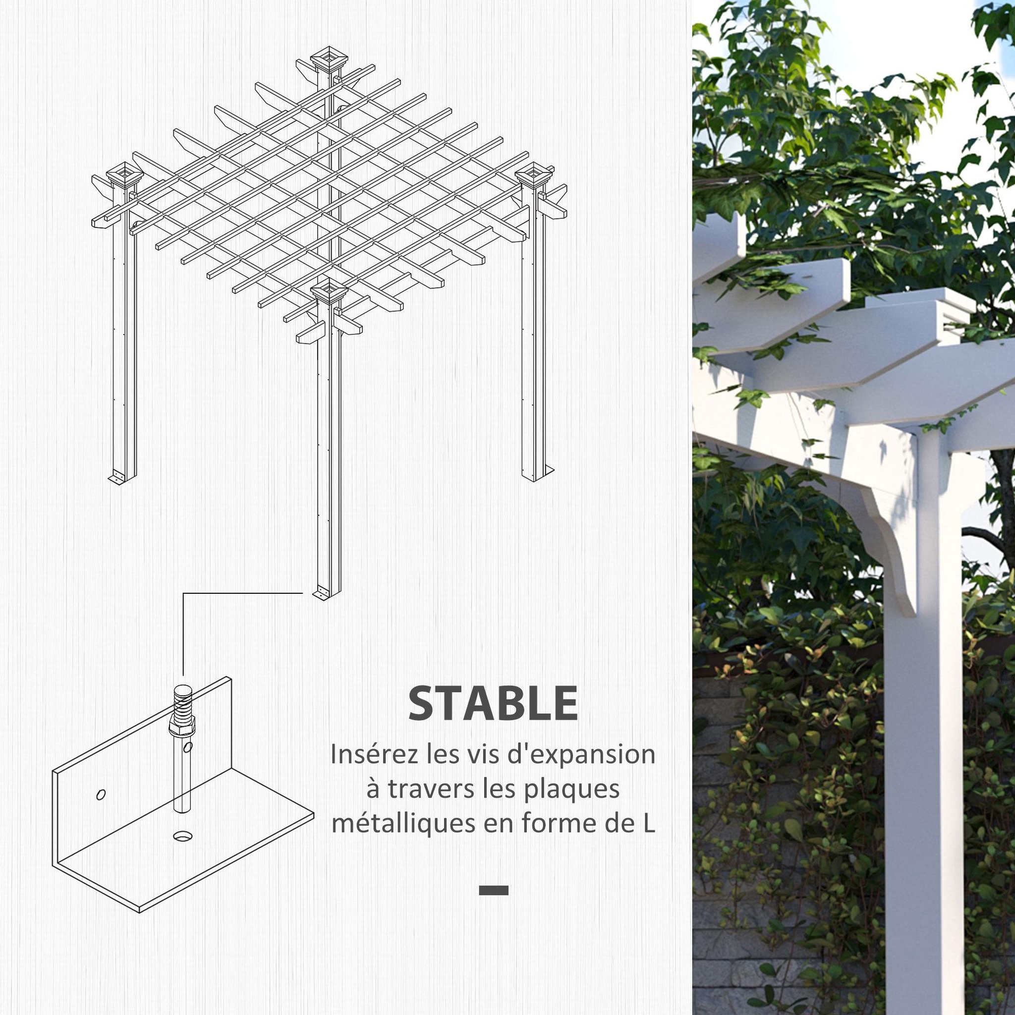 Voir la diapositive 6 : OUTSUNNY Pergola autoportante style contemporain - Toit terrasse à décorer - dim. 2,3L x 2,3l x 2,3H m - bois sapin blanc