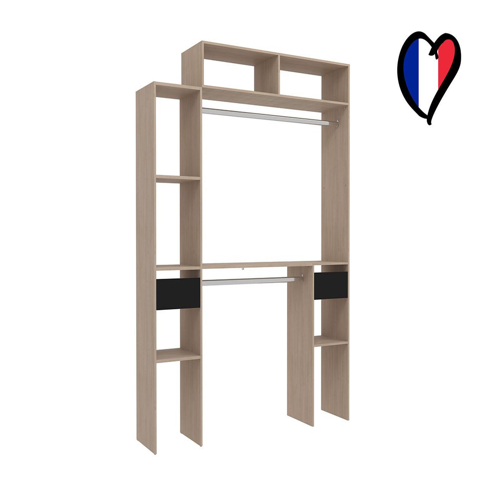 Voir la diapositive 4 : CONCEPT USINE Dressing bois extensible avec 2 penderies 4 étagères et 2 tiroirs elysee