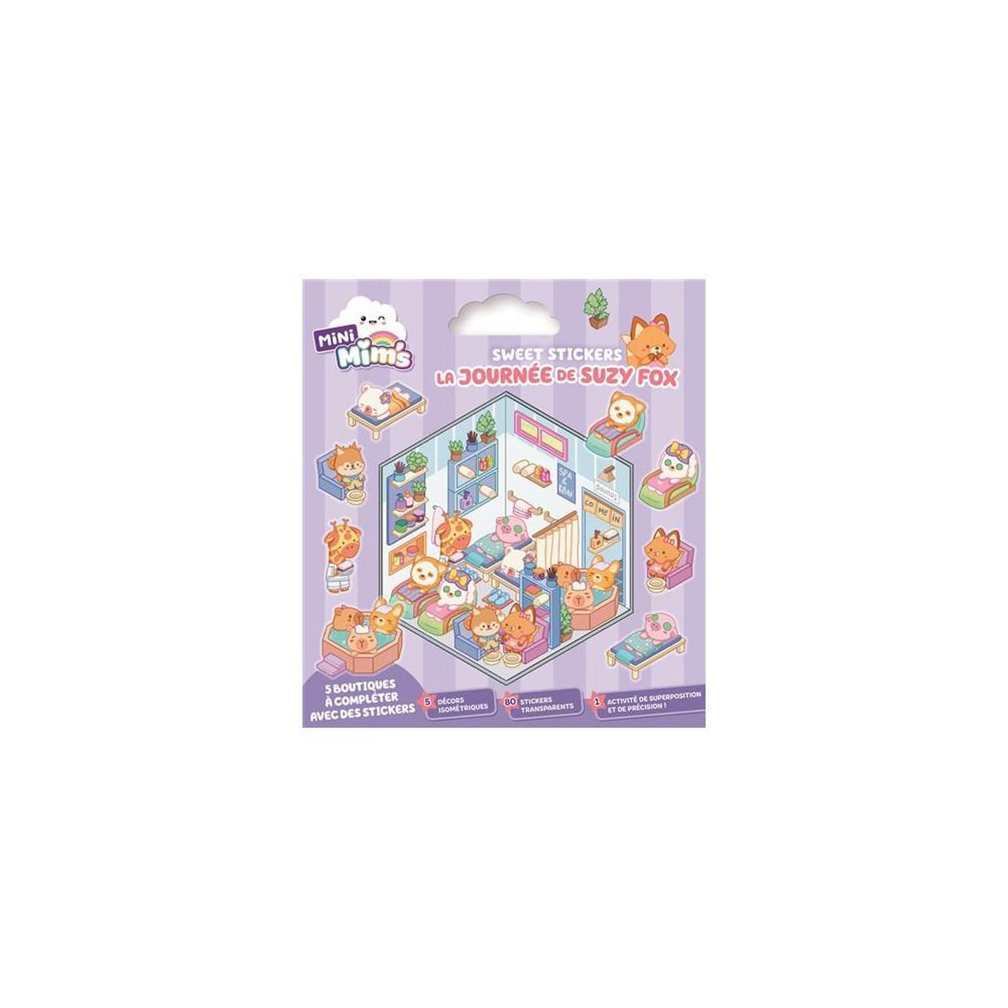 Fleurus Coffret sticker set sweet stickers « la journée de suzie fox » : 80 stickers transparents, 5 scènes isométriques