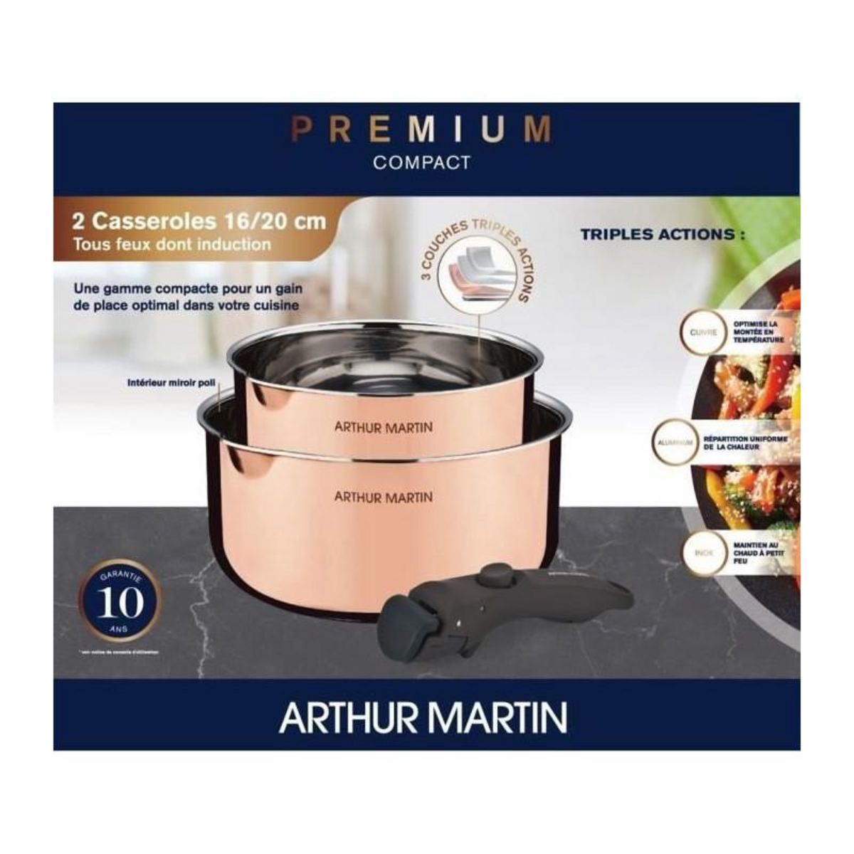 Arthur Martin 2 casseroles 16-20 cm + 1 poignée - ARTHUR MARTIN - AM720GT - 3 couches triple action - Tous feux dont induction