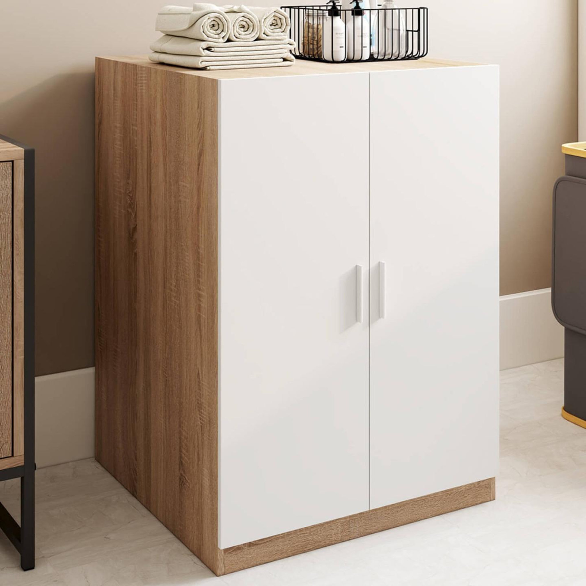 Voir la diapositive 3 : ID MARKET Meuble pour machine à laver avec portes wallis blanc et bois façon hêtre
