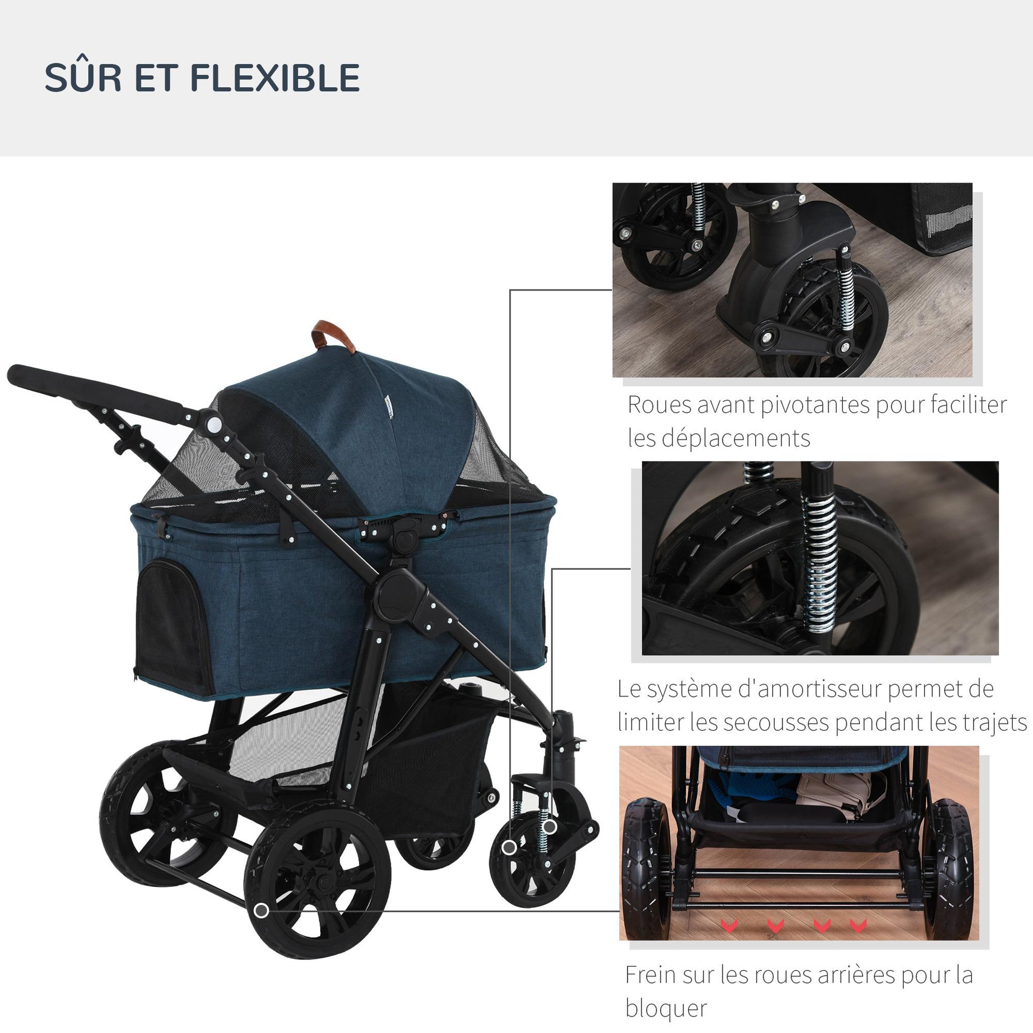 Voir la diapositive 5 : PAWHUT Poussette buggy pliable chien chat amortisseurs panier de rangement 2 attaches sécurité housse réglable acier Oxford bleu foncé