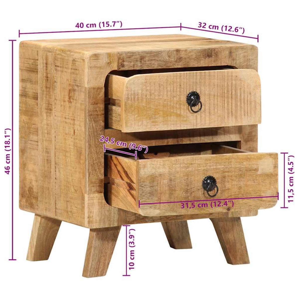 VIDAXL Table de chevet 2 pcs 40x32x46 cm bois massif de manguier brut