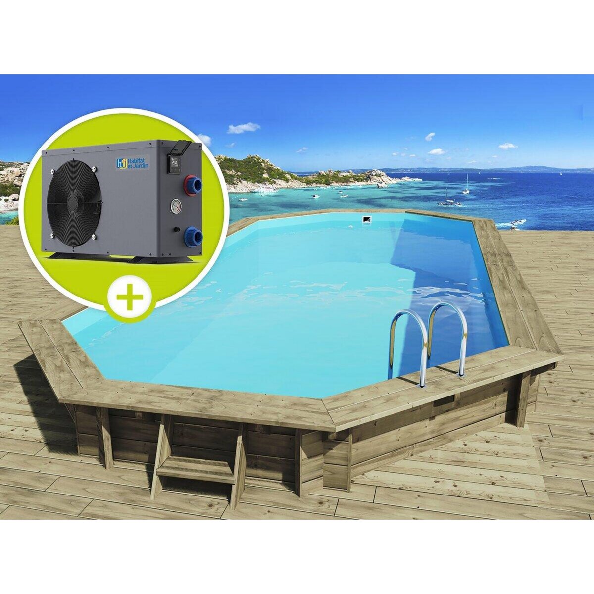 Habitat et Jardin Piscine bois Ibiza - 8.57 x 4.57 x 1.31 m + Pompe à  chaleur 6.1 kW pas cher 