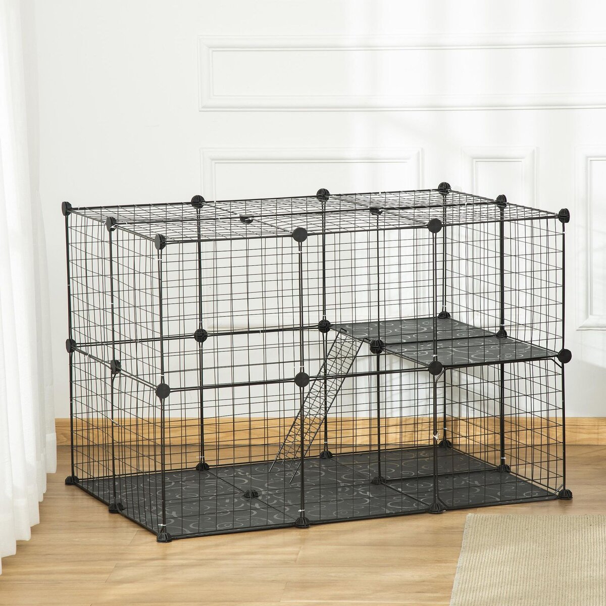 PAWHUT Cage parc enclos modulable rongeurs 3 niveaux 39 panneaux fil métallique PP noir