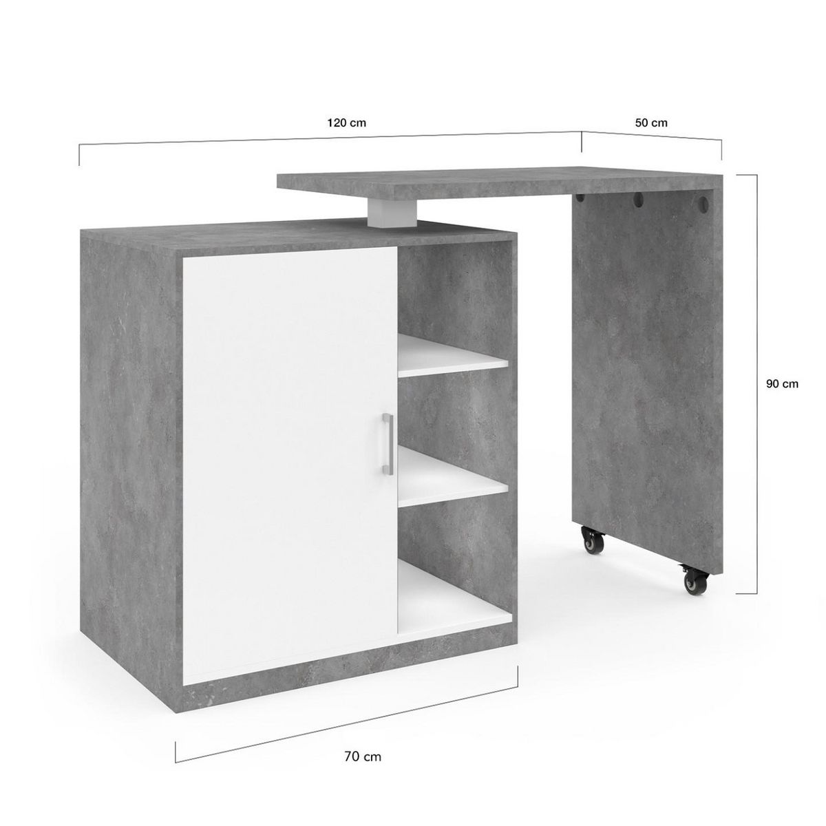 ID MARKET Ilot rotatif POLO meuble de bar pivotant 2 en 1 imitation béton porte blanche