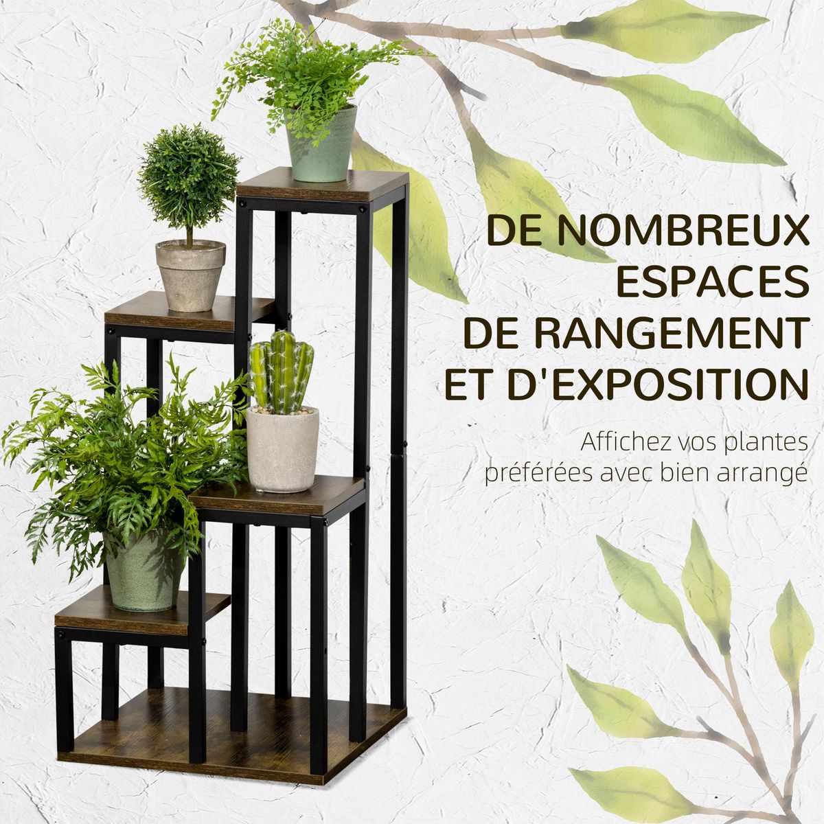 OUTSUNNY Support à fleurs style industriel 5 niveaux - porte plante 4 étagères - acier époxy noir aspect bois foncé