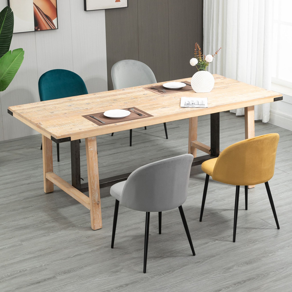 HOMCOM Chaises de visiteur design scandinave - lot de 4 chaises - velours gris bleu canard moutarde