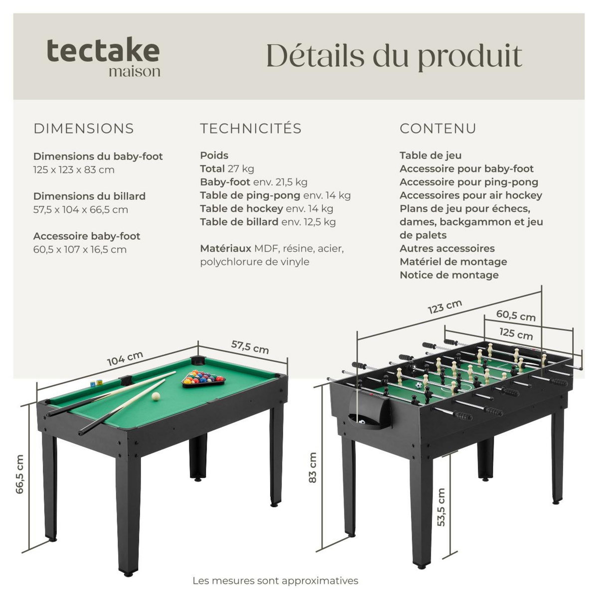tectake Table de jeu multifonction 15-en-1 noir/vert