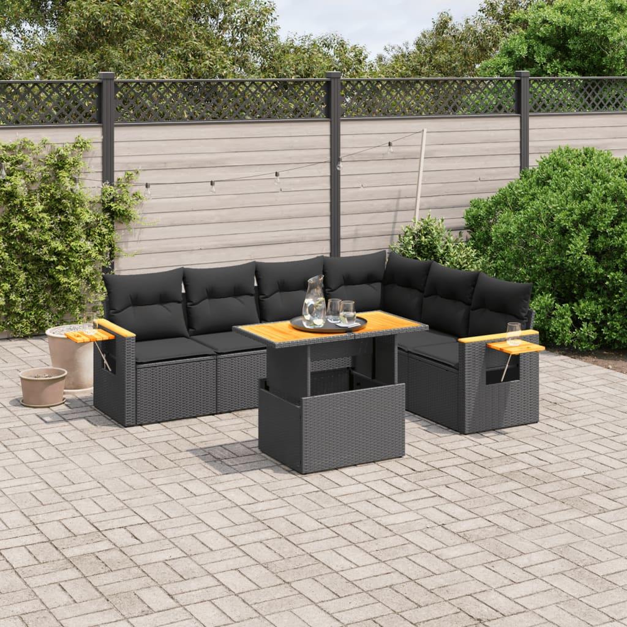 VIDAXL Salon de jardin 7 pcs avec coussins noir resine tressee