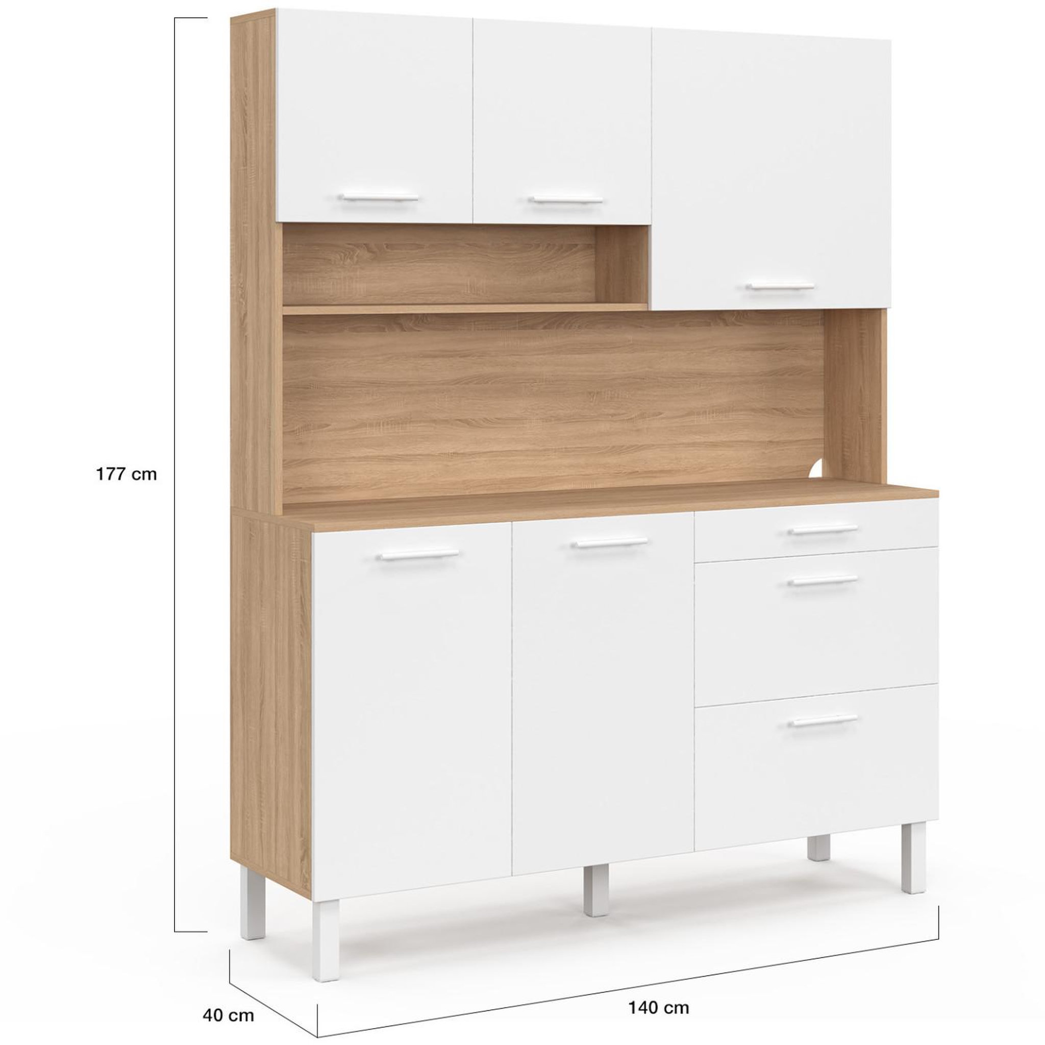 Voir la diapositive 5 : ID MARKET Buffet casserolier de cuisine 140 cm cina 5 portes + 3 tiroirs façon hêtre et blanc