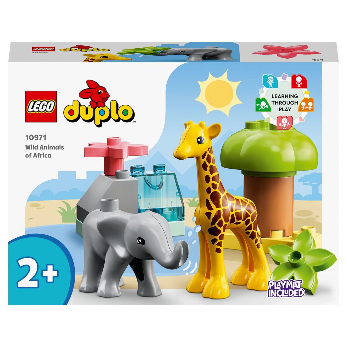 LEGO Duplo 10971 Animaux sauvages d'Afrique, Jouet sur le Safari pour Enfants de 2 Ans avec Figurines d'Éléphant et de Girafe, avec Tapis de Jeu