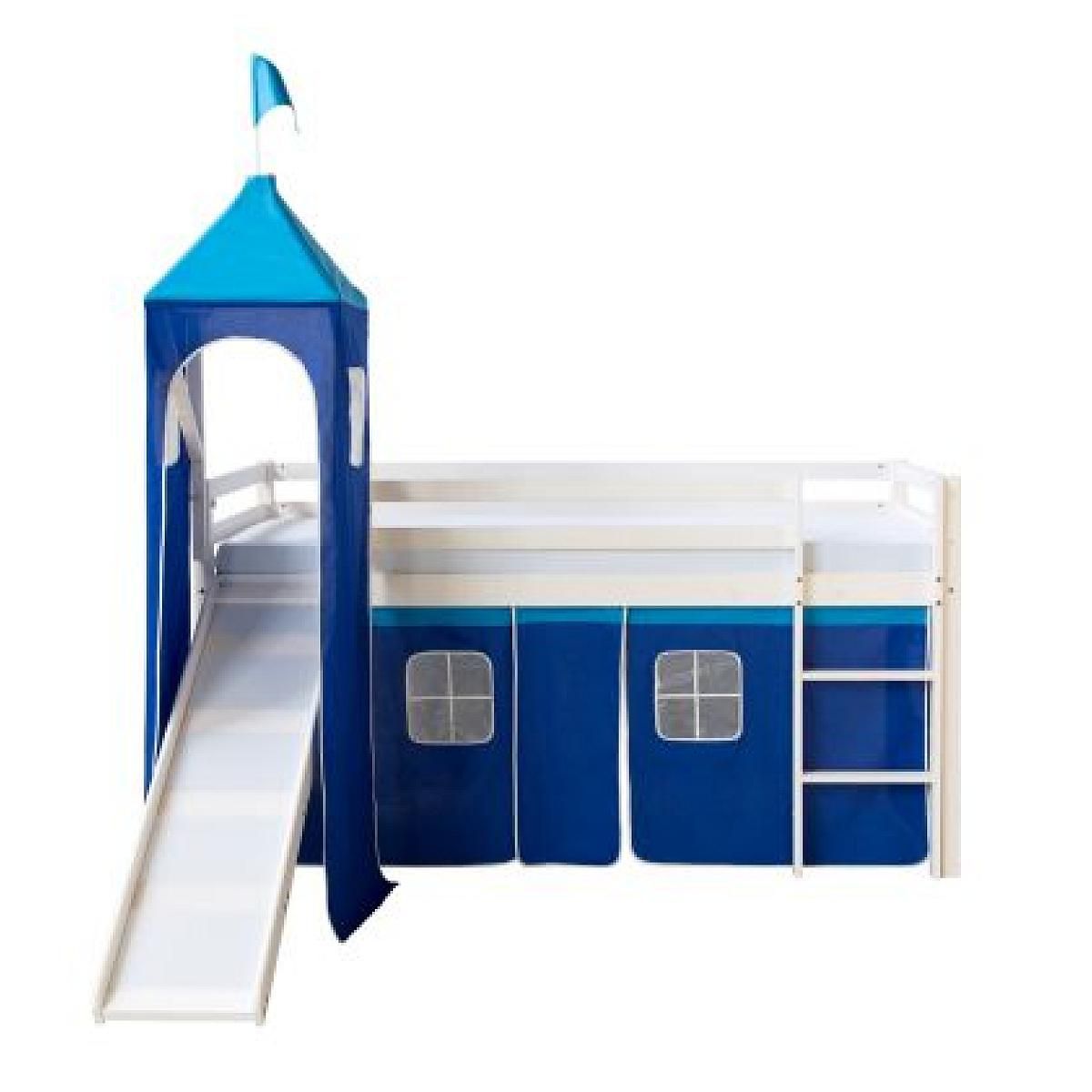 HomeStyle4U Lit avec toboggan et tour - bleu avec sommier