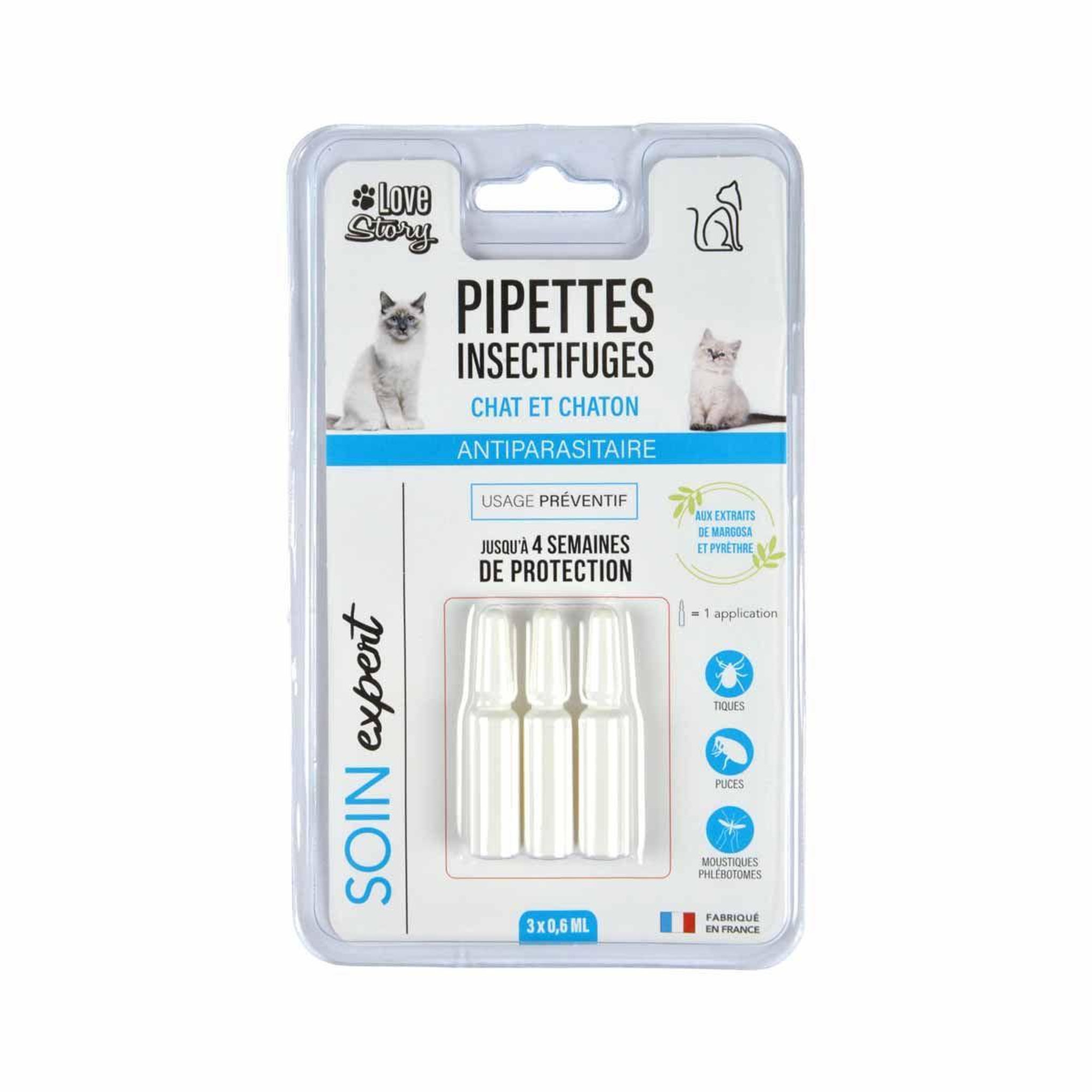LOVE STORY Lot de 3 Pipettes pour Chat  Soin Expert  0,6ml Blanc