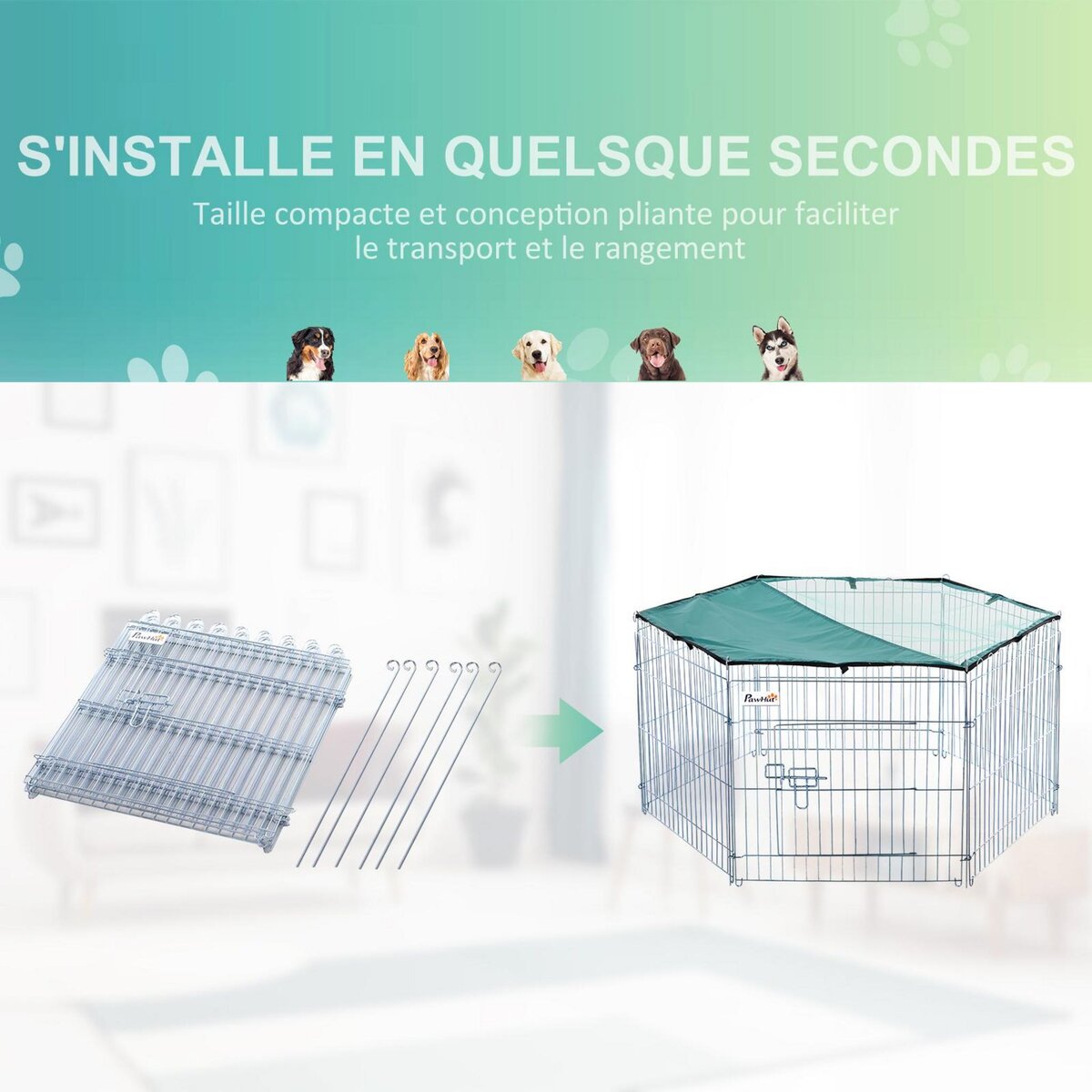 PAWHUT PawHut Parc enclos modulable Acier 6 Panneaux et 1 Porte pour Chiens Ø 120 x 60 cm Gris Métal vert