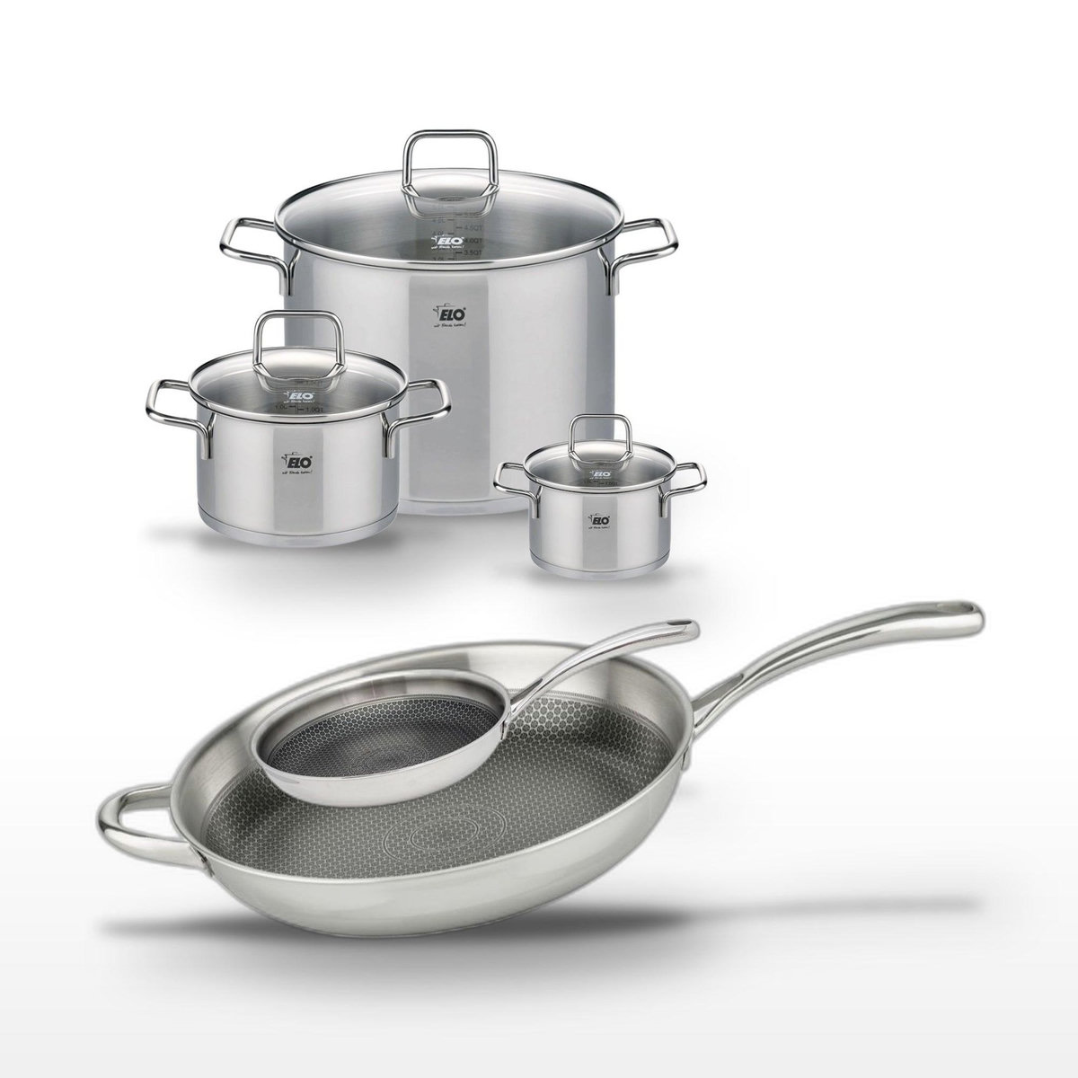 ELO Lot de 2 Poêles 32/24cm et 3 Faitouts 14/20/26cm en inox Elo Relief Evolution