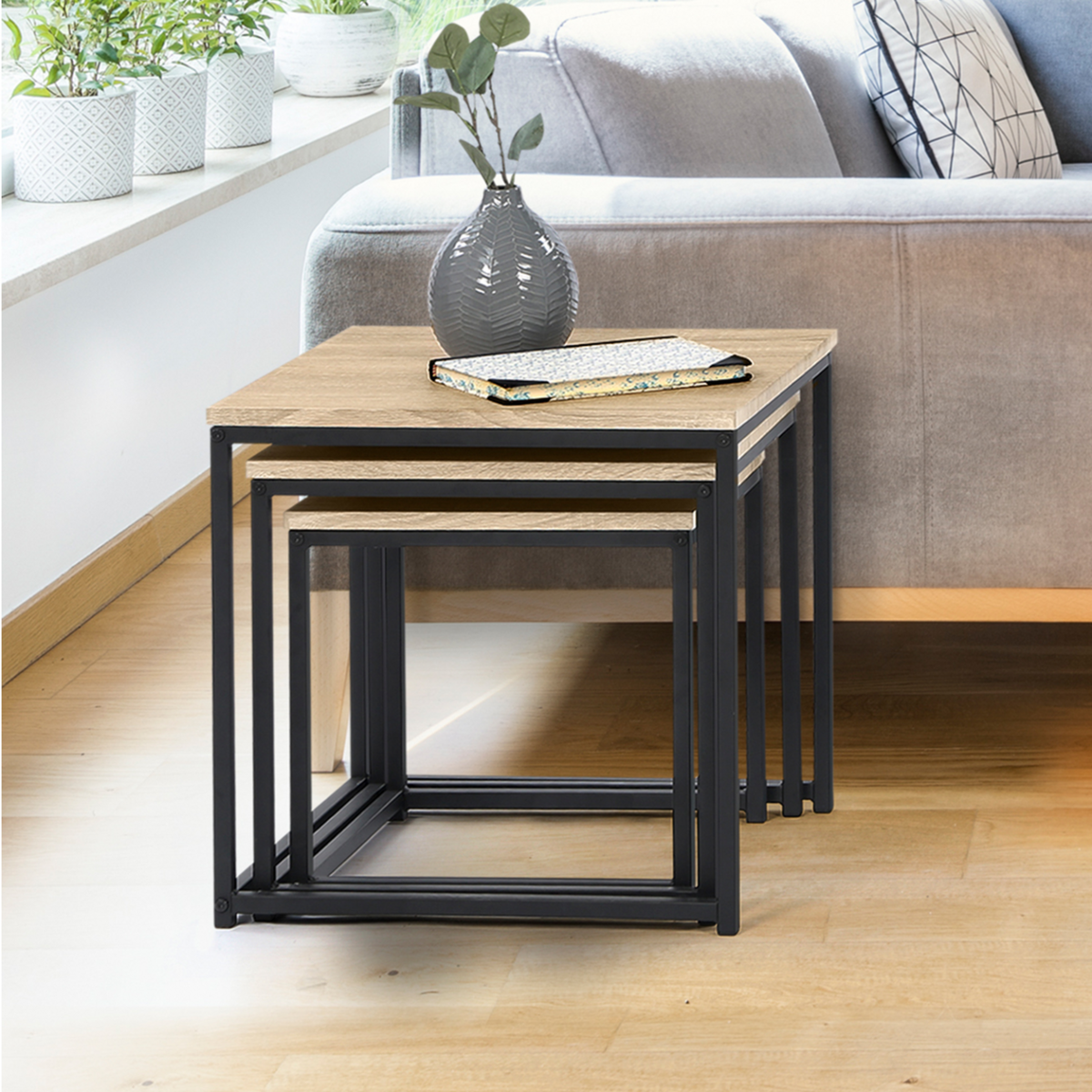 ID MARKET Lot de 3 tables basses gigognes DETROIT 35/40/45 design industriel