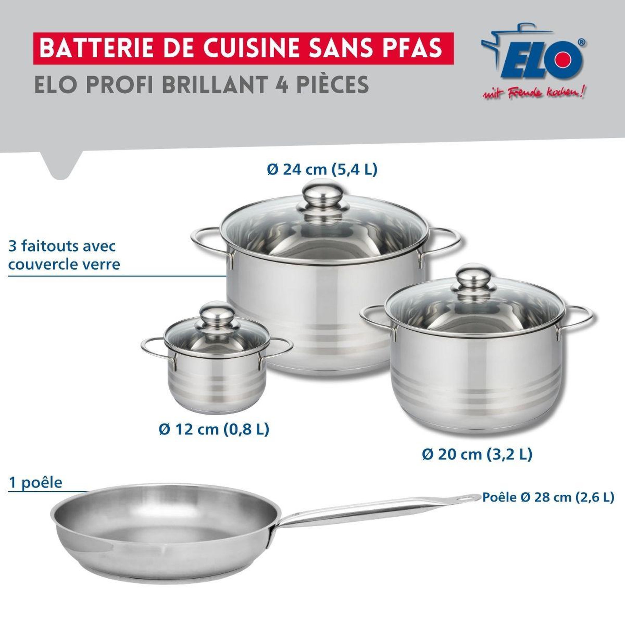 Voir la diapositive 2 : ELO Ensemble de 1 poêle de cuisson 28 cm et 3 faitouts 12, 20 et 24 cm elo profi brillant