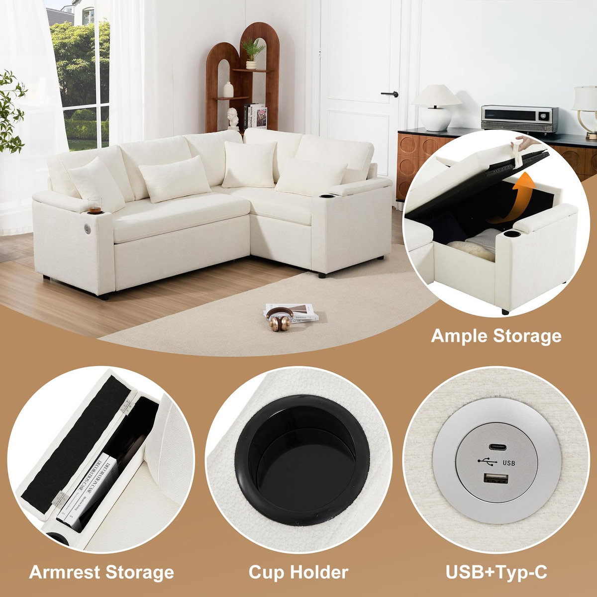MERAX Canapé d'angle droit convertible 4 places tissu coffre de rangement